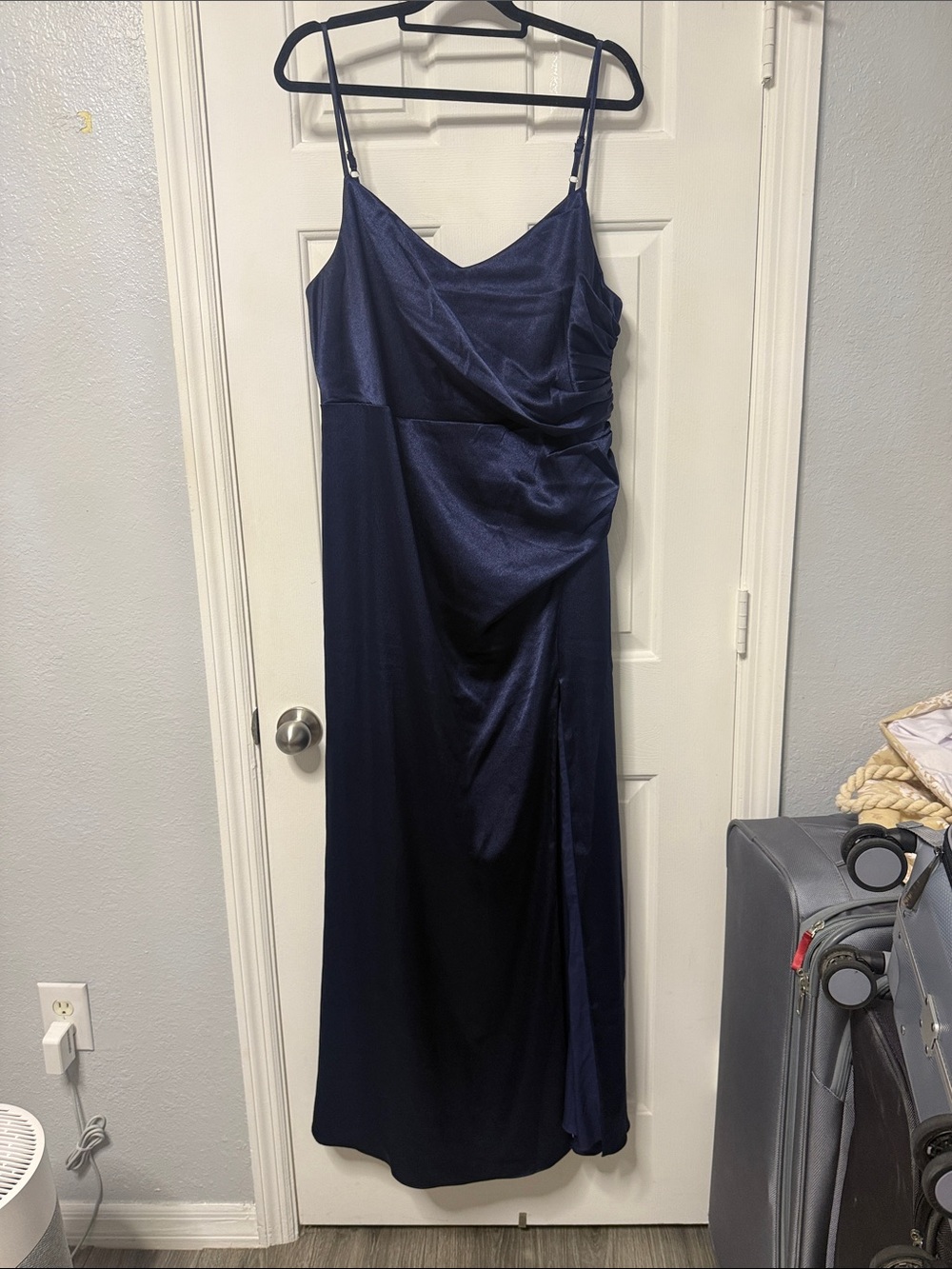 Catherine Shiny Satin Dress in Navy